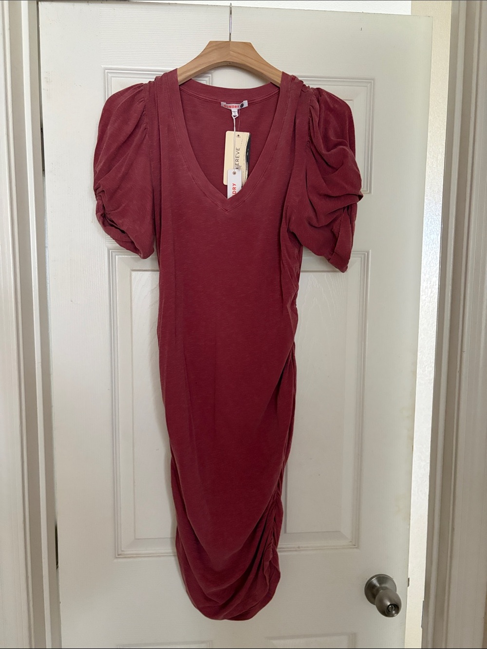 Sundry Rose-Red Puff Sleeve Midi Dress